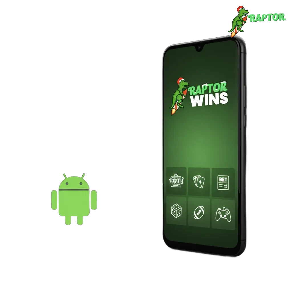 Raptorwins Android app overview showing install steps, login, and home screen with sports, slots, and live tables.