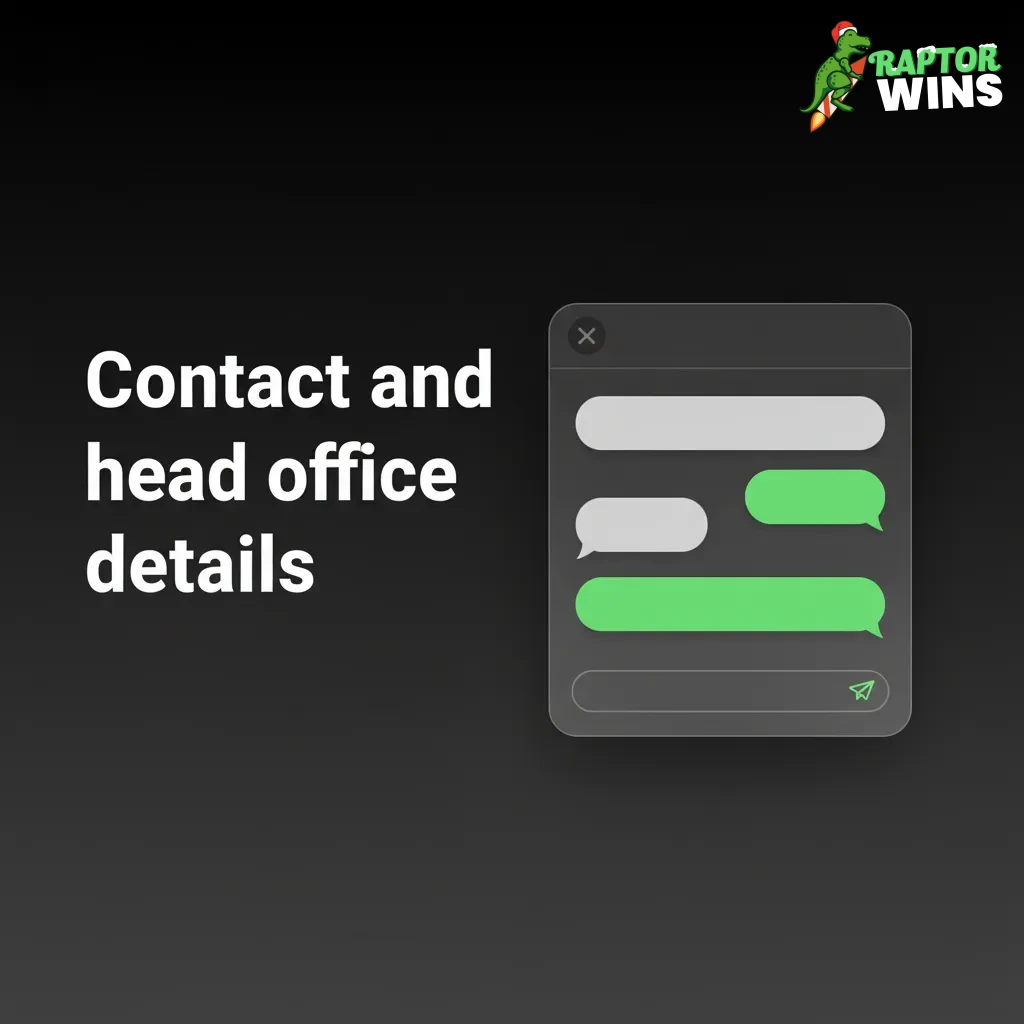 Raptorwins contact options: 24/7 live chat, Help Centre guides, email form, social updates; head office info in legal footer