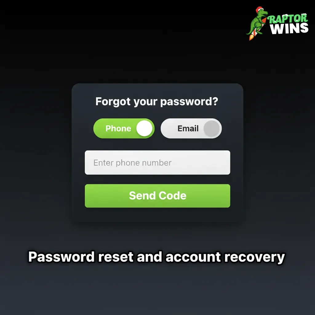 Raptorwins password recovery: Forgotten password, email/phone code, set new password, or sign in via Google/Apple.