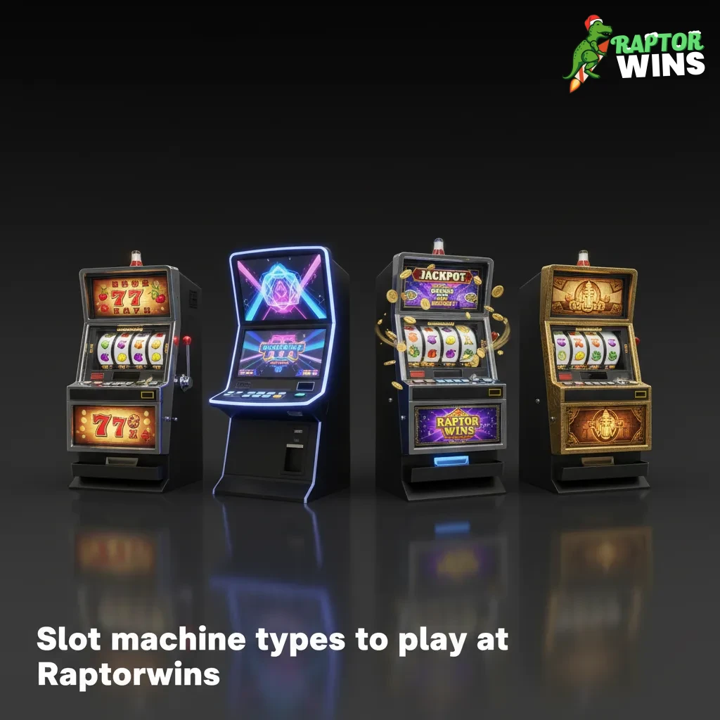 Raptorwins slot types: classic 3-reel, video, Megaways, jackpots, cluster pays, Hold & Win, branded, buy feature, Slingo.