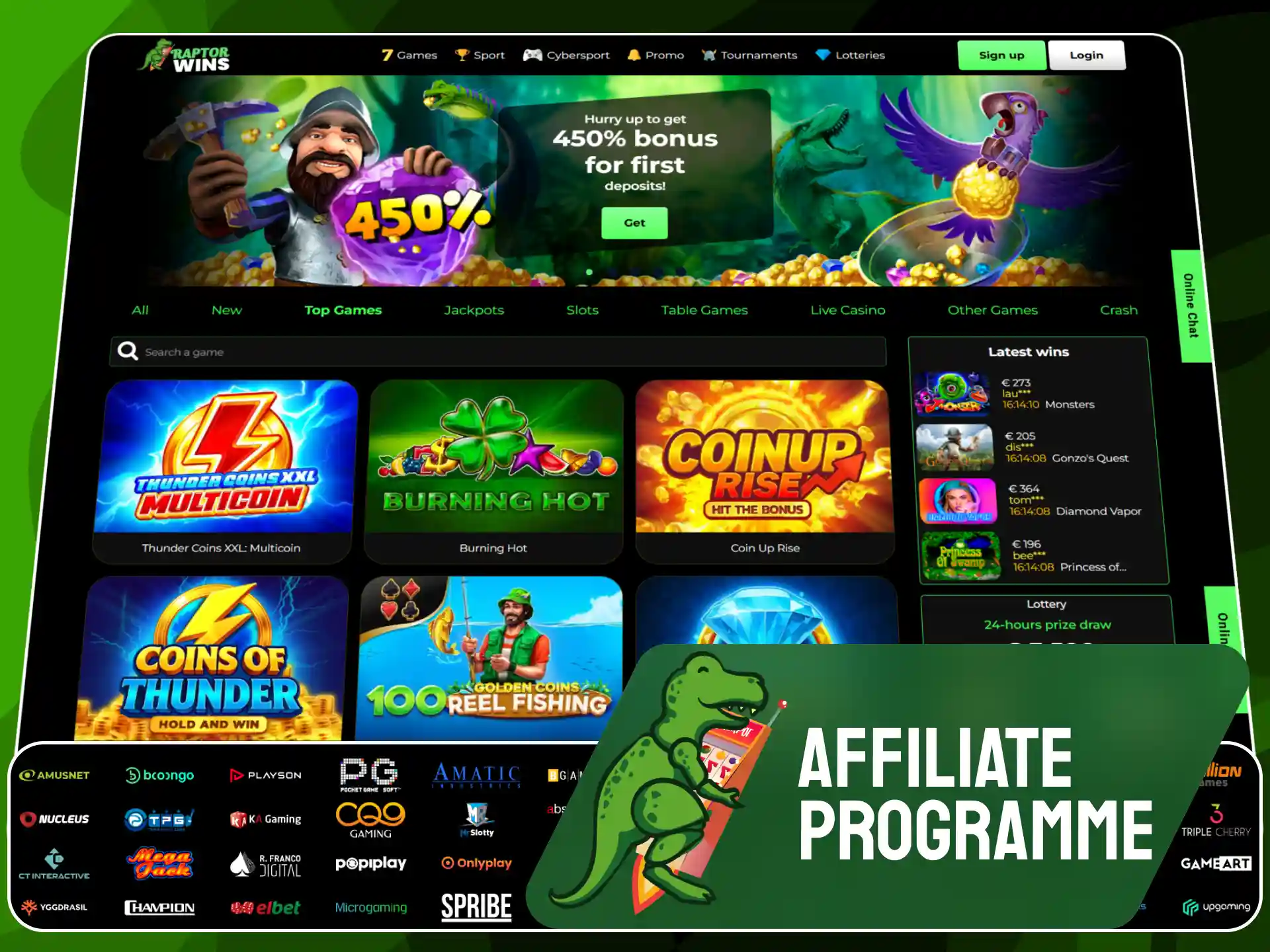 Raptorwins partner affiliate program and commission details.