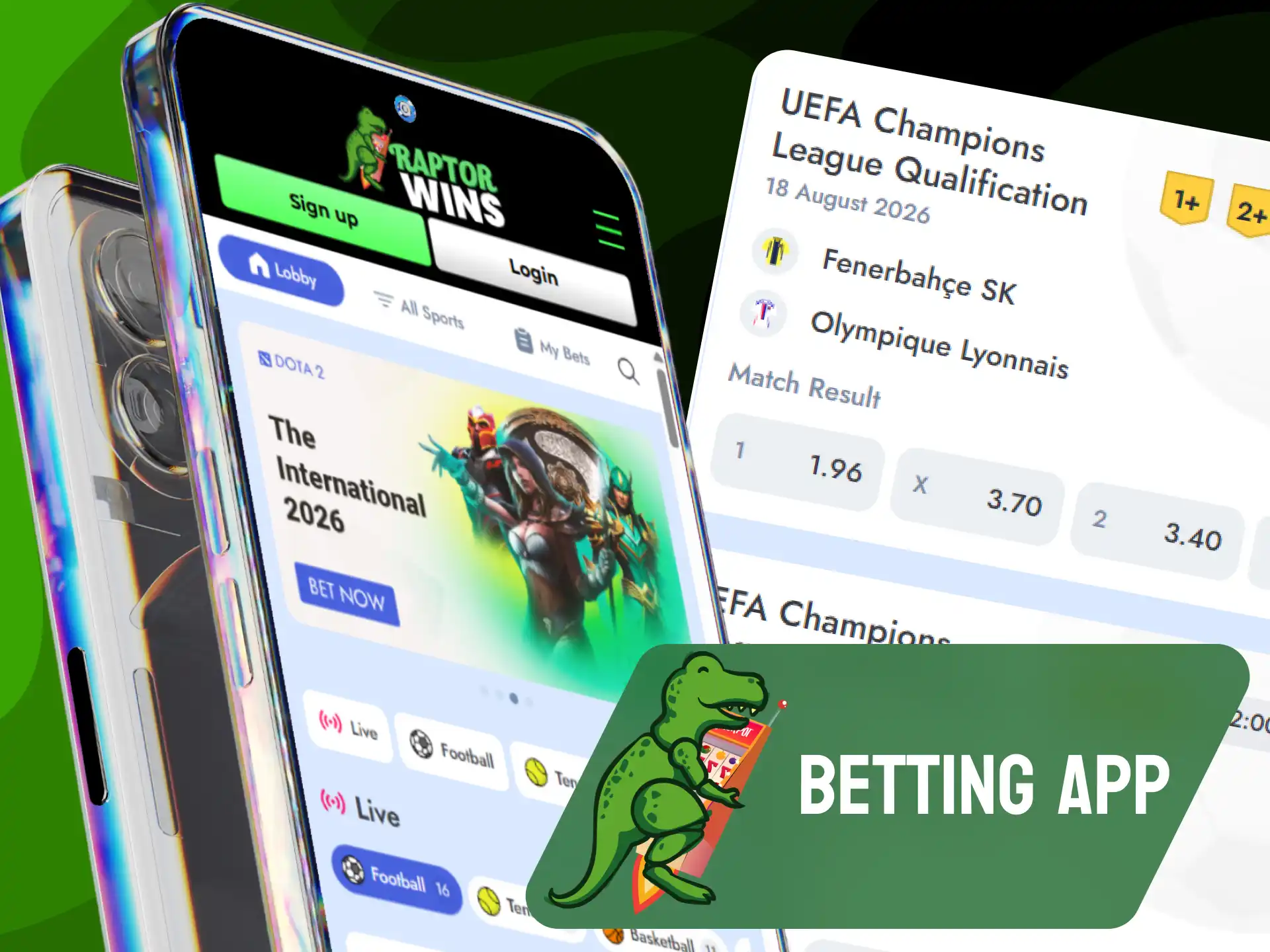 Sports markets, leagues, and live betting options available within the Raptorwins app.