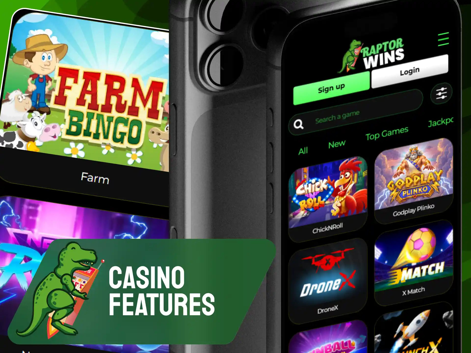 Mobile slots, live dealer tables, and casino gaming features in the Raptorwins application.