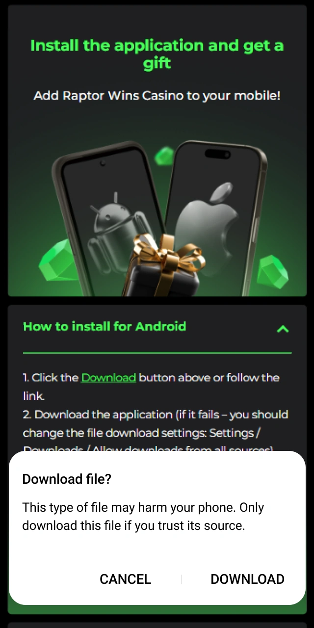 Confirming the browser download prompt to save the Raptorwins APK file.