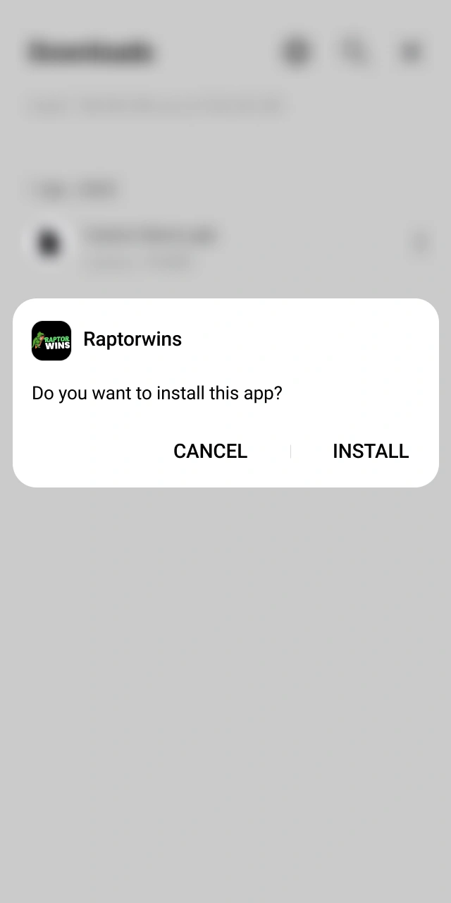 Opening the downloaded APK file to complete the Raptorwins app installation.