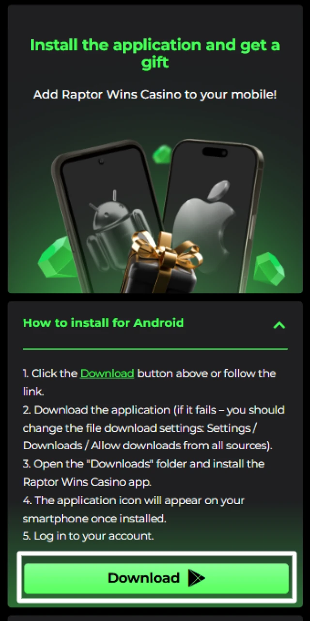 Starting the Raptorwins APK file download process on your Android device.