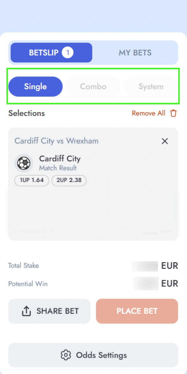 Selecting bet type options between single, accumulator, or system bets on Raptorwins.
