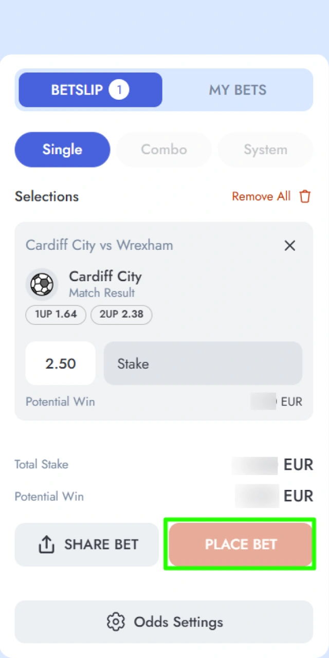 Entering the bet stake amount and confirming the wager in the Raptorwins app.