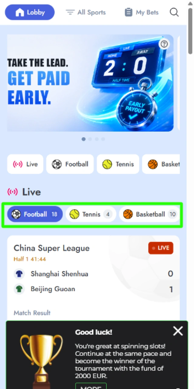 Browsing sports competitions or using the search bar in the Raptorwins mobile app.