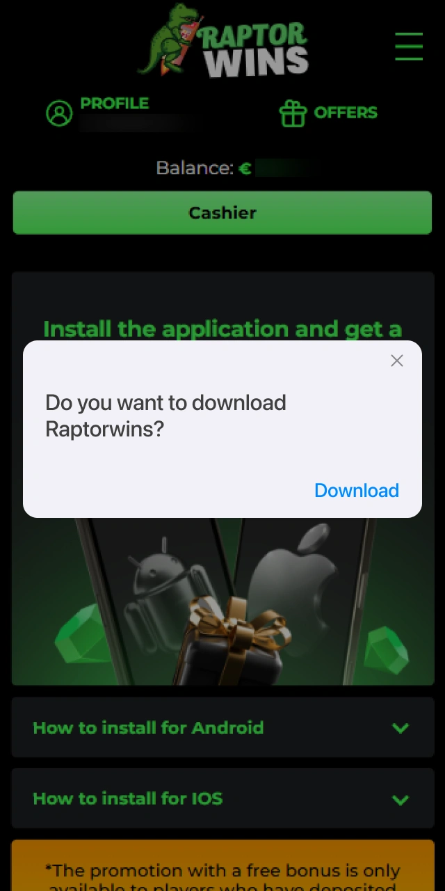 Approving the iOS download notification prompt to download the Raptorwins application.
