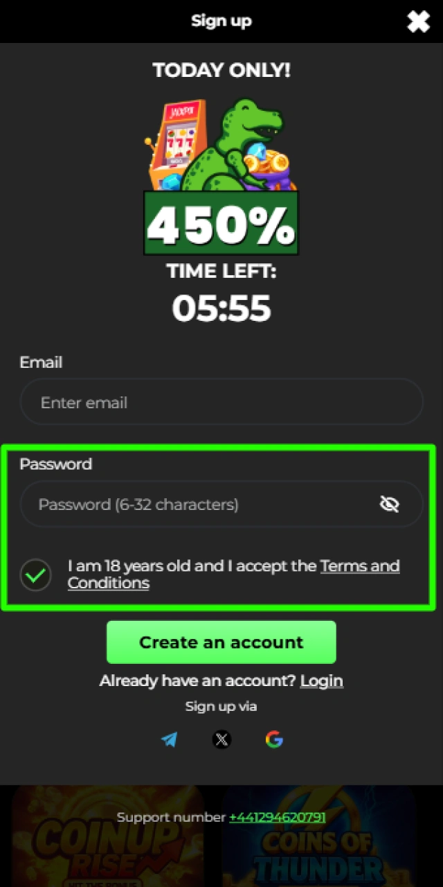Setting a secure account password and confirming legal age requirements in the Raptorwins mobile app.