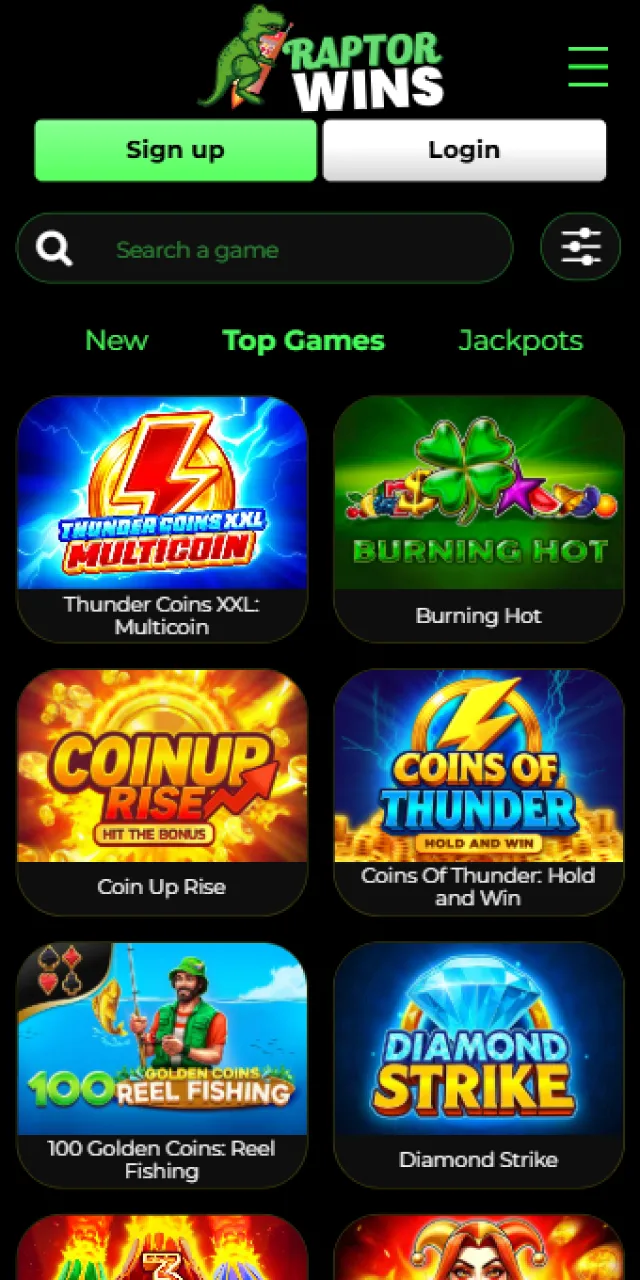 Mobile casino lobby featuring slots and table games in the Raptorwins app.
