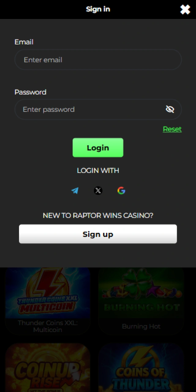 Secure account login screen in the Raptorwins mobile app.