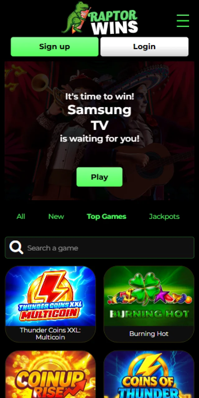 Main screen interface of the Raptorwins mobile app for Android and iOS in the UK.