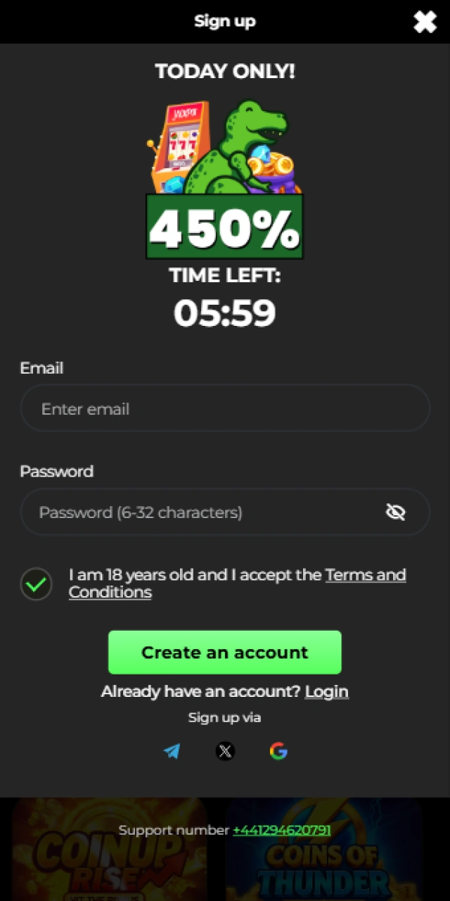 Account registration process within the Raptorwins mobile application.