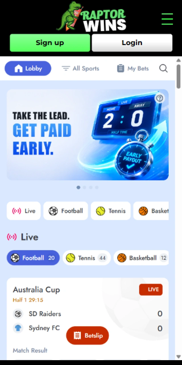 Sportsbook section with pre-match and live betting markets in the Raptorwins app.