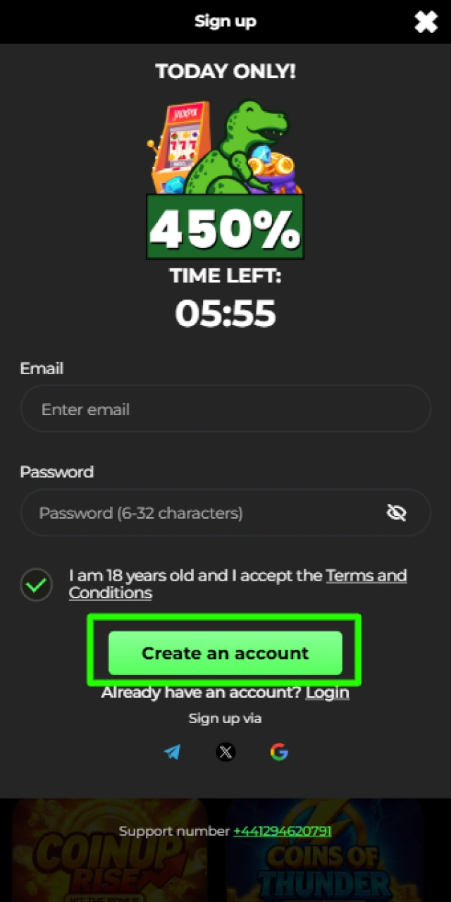 Creating a new player account on Raptorwins to play Aviator in the UK.