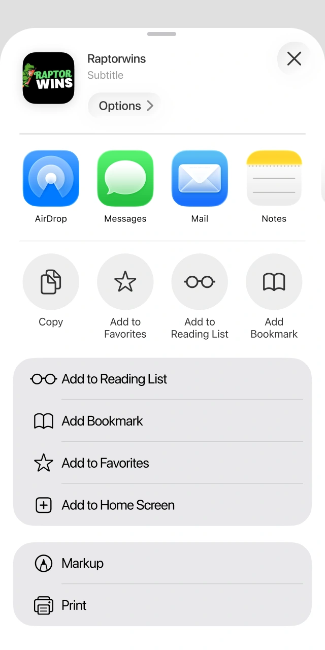 Selecting Add to Home Screen to create a Raptorwins web app shortcut on iOS.