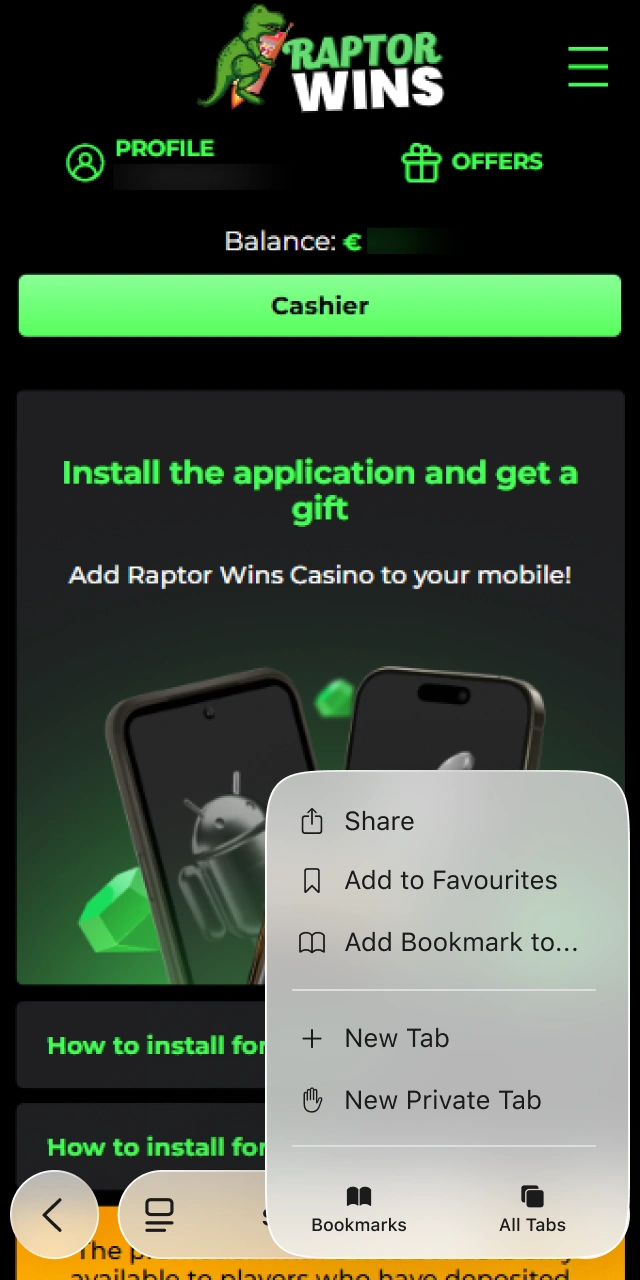 Tapping the Safari share icon to access iOS browser options for Raptorwins.