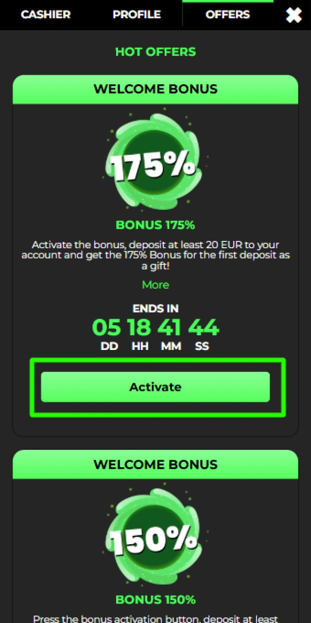 Activating the claimed promotional bonus or extra spins on Raptorwins.