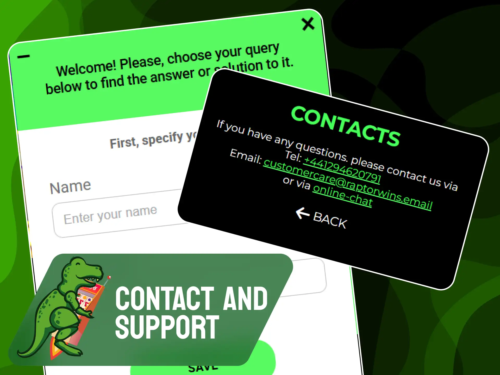 Customer service contacts, live chat, and support options at Raptorwins.