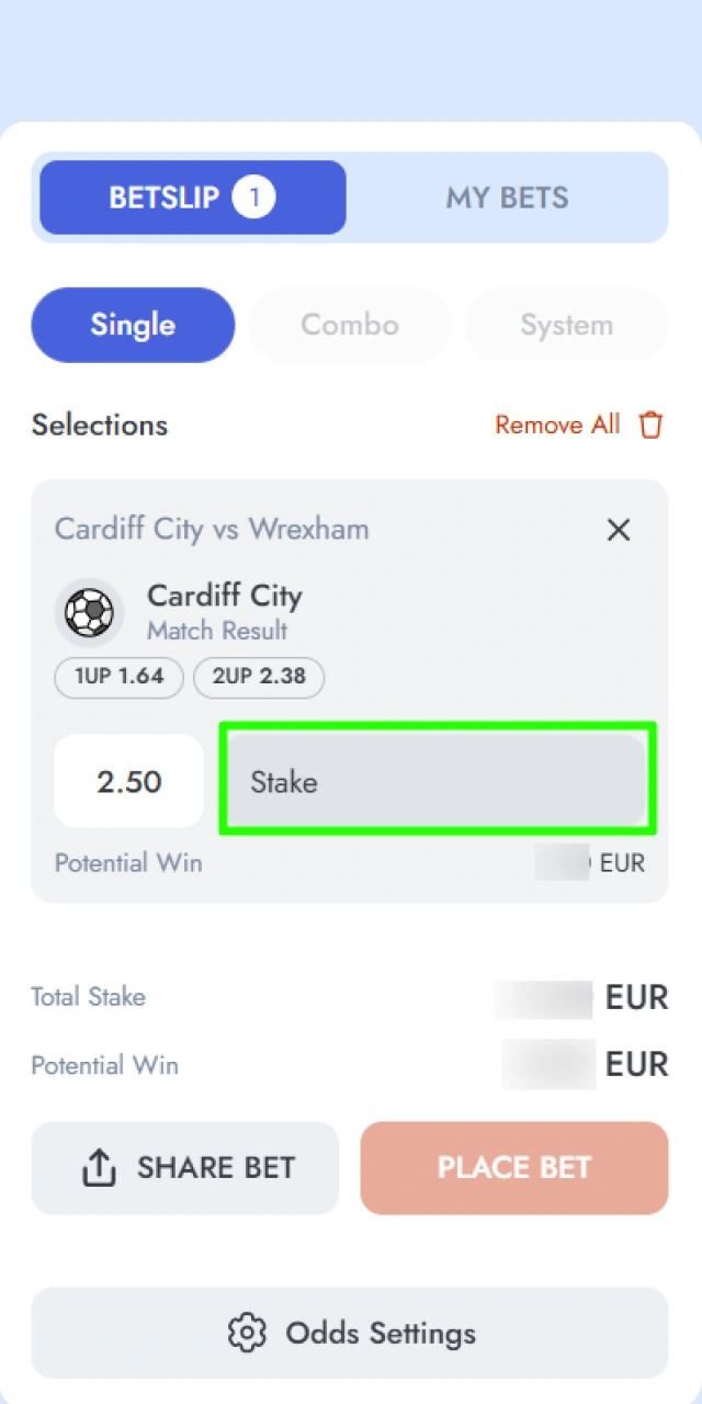 Entering your desired bet amount in the Raptorwins bet slip.