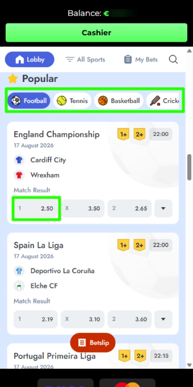 Browsing sports categories and choosing a betting market on Raptorwins.