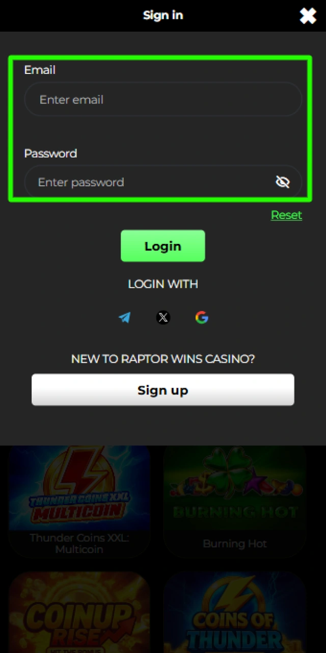 Entering username or email and password into the Raptorwins login form.