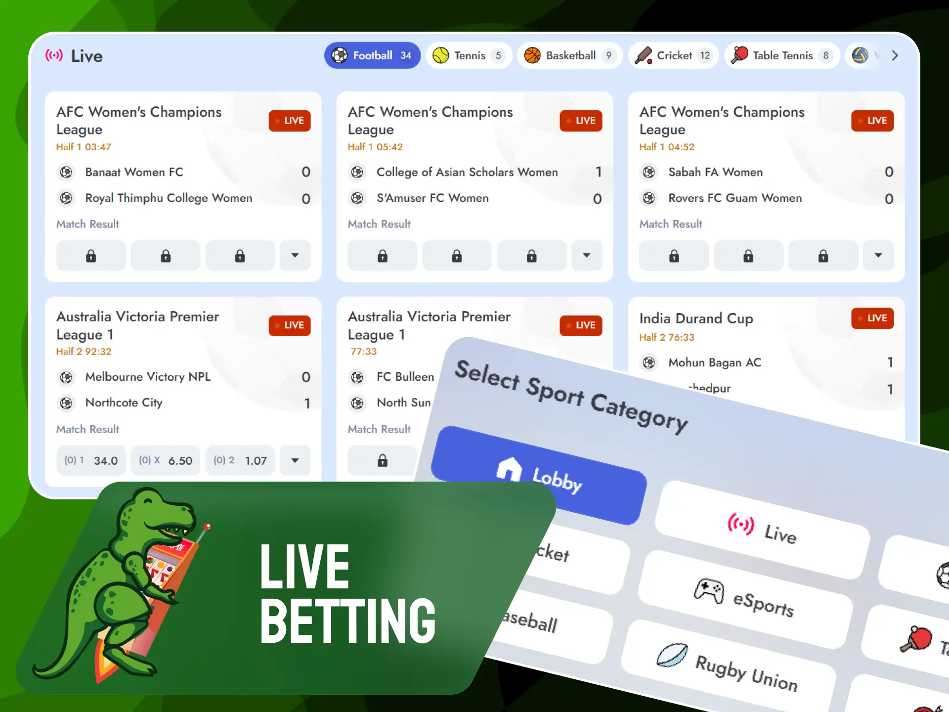 Real-time in-play sports betting action on the Raptorwins platform.