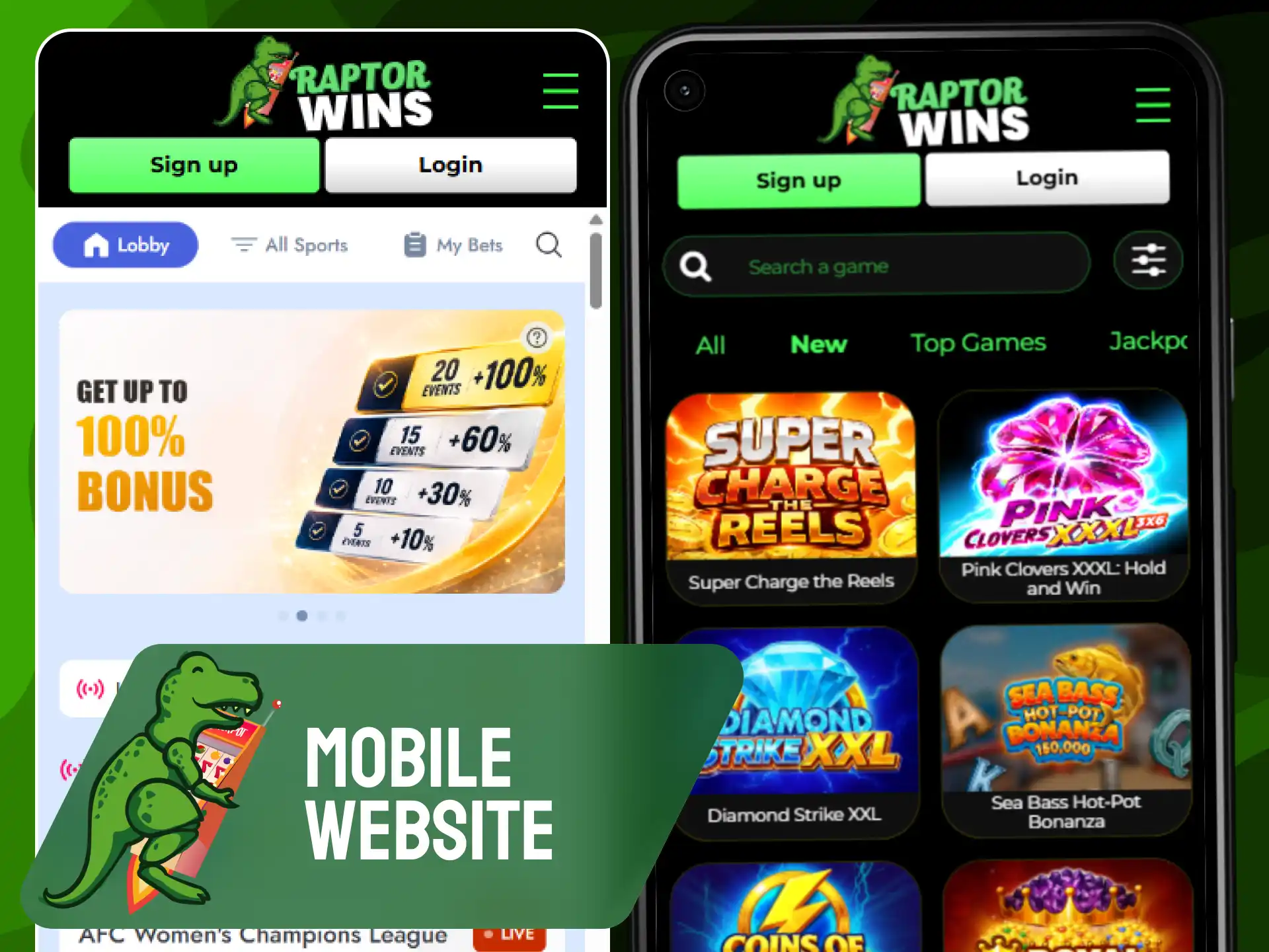 Raptorwins mobile browser site interface for placing fast sports bets.