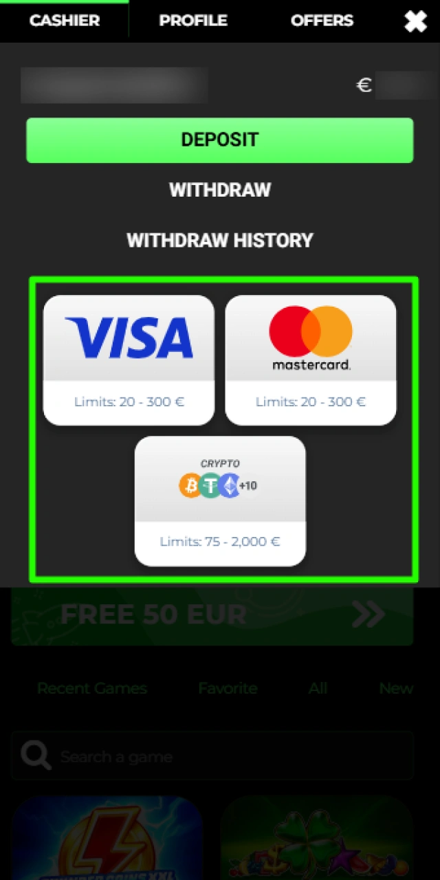 Selecting your preferred payment method on the Raptorwins UK deposit page.