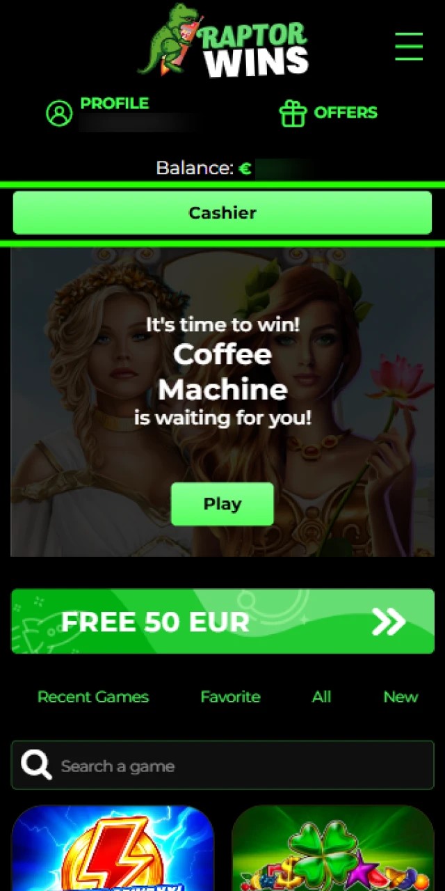 Accessing the cashier section on the official Raptorwins UK platform to make a deposit.