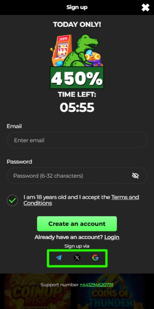 Selecting your preferred sign-up method on the Raptorwins mobile app registration screen.