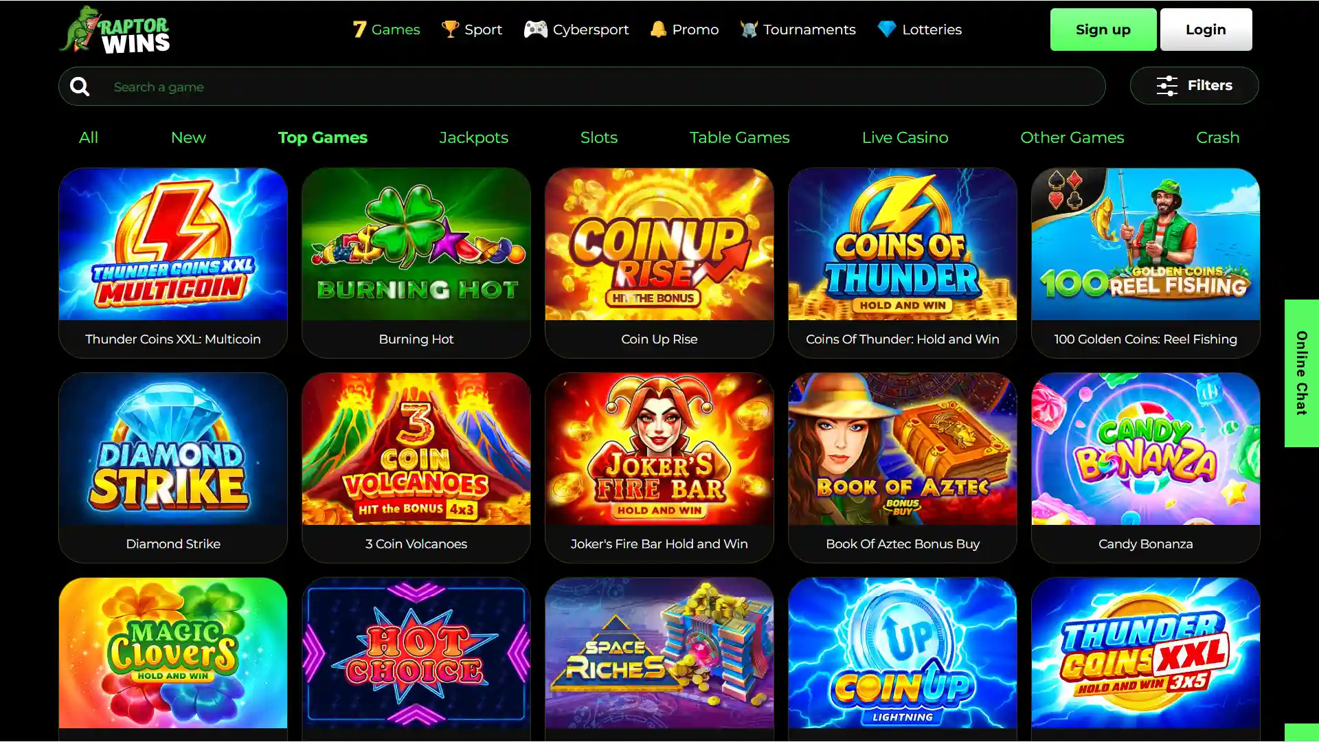 Raptorwins online casino section featuring slots and table games.