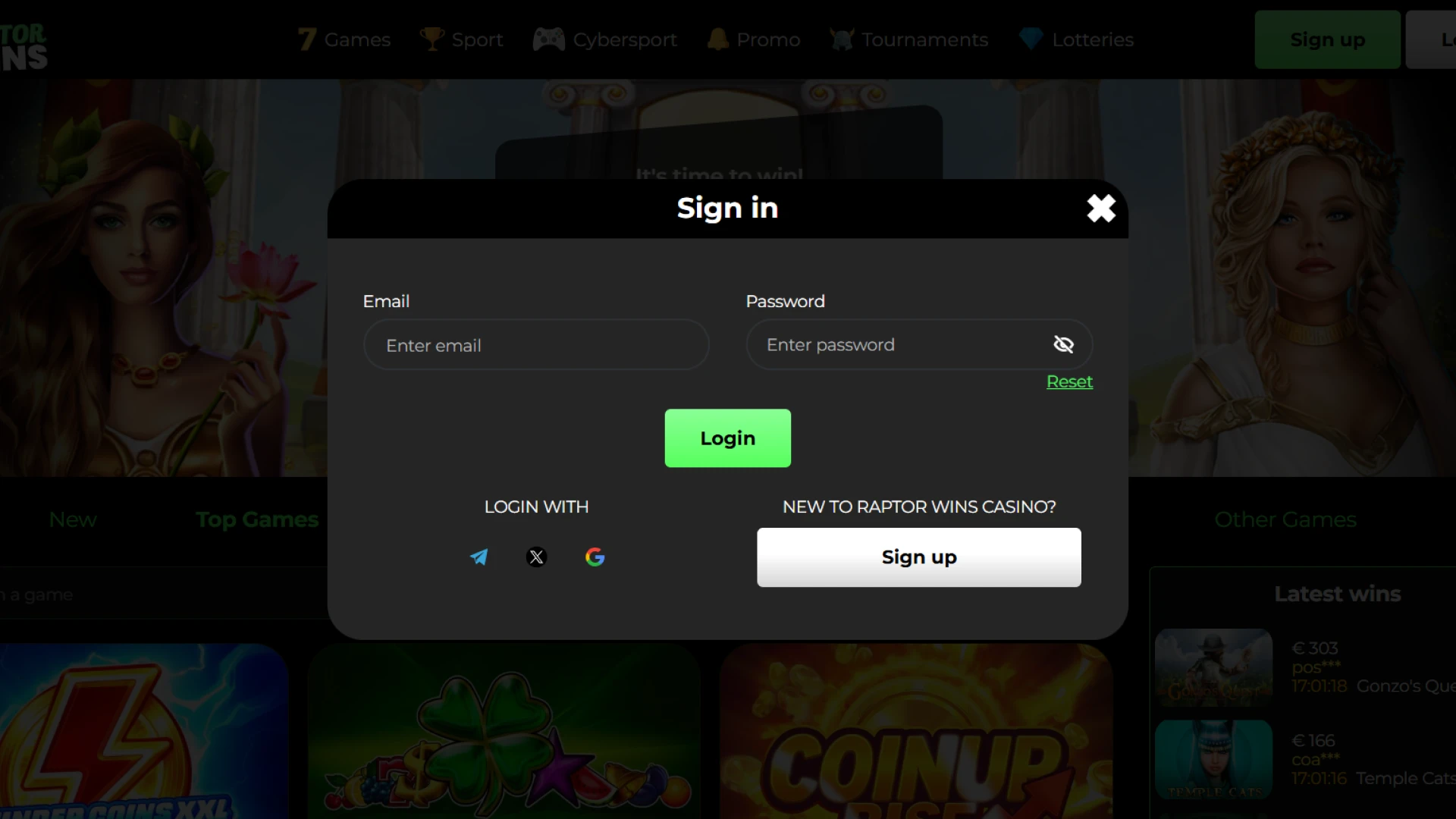 Secure user login form on the Raptorwins official website.