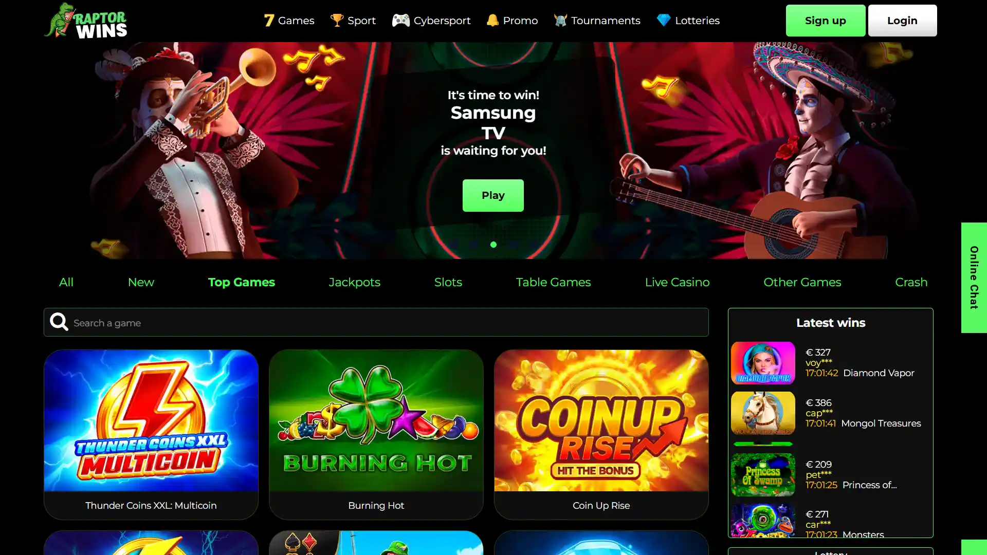 Official homepage interface of the Raptorwins online gaming platform in the UK.