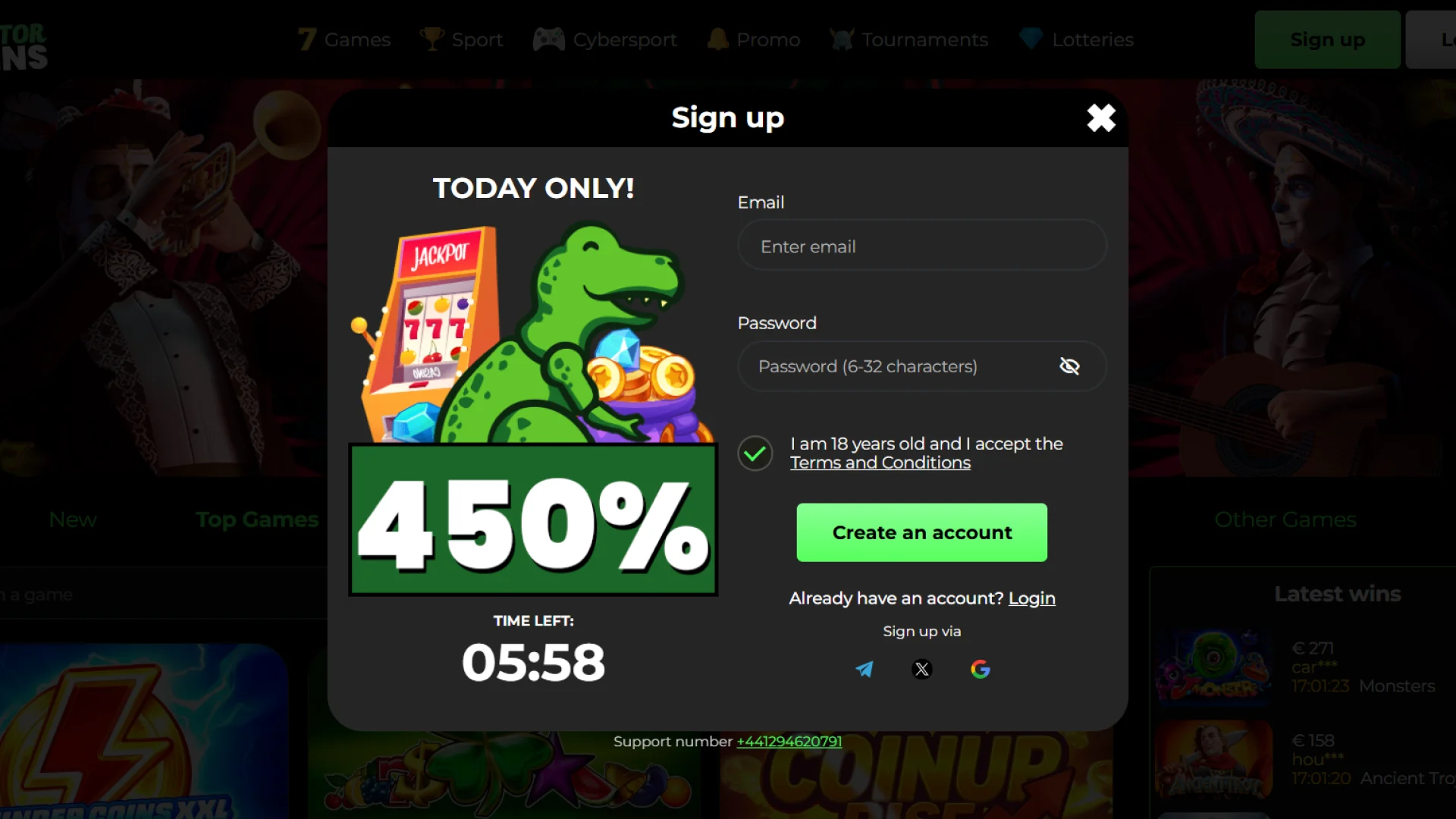 Raptorwins account registration form for creating a new player account.