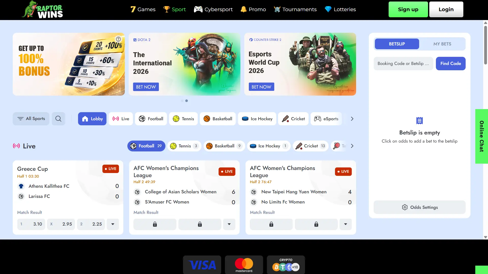 Raptorwins sportsbook section with live and pre-match sports betting options.