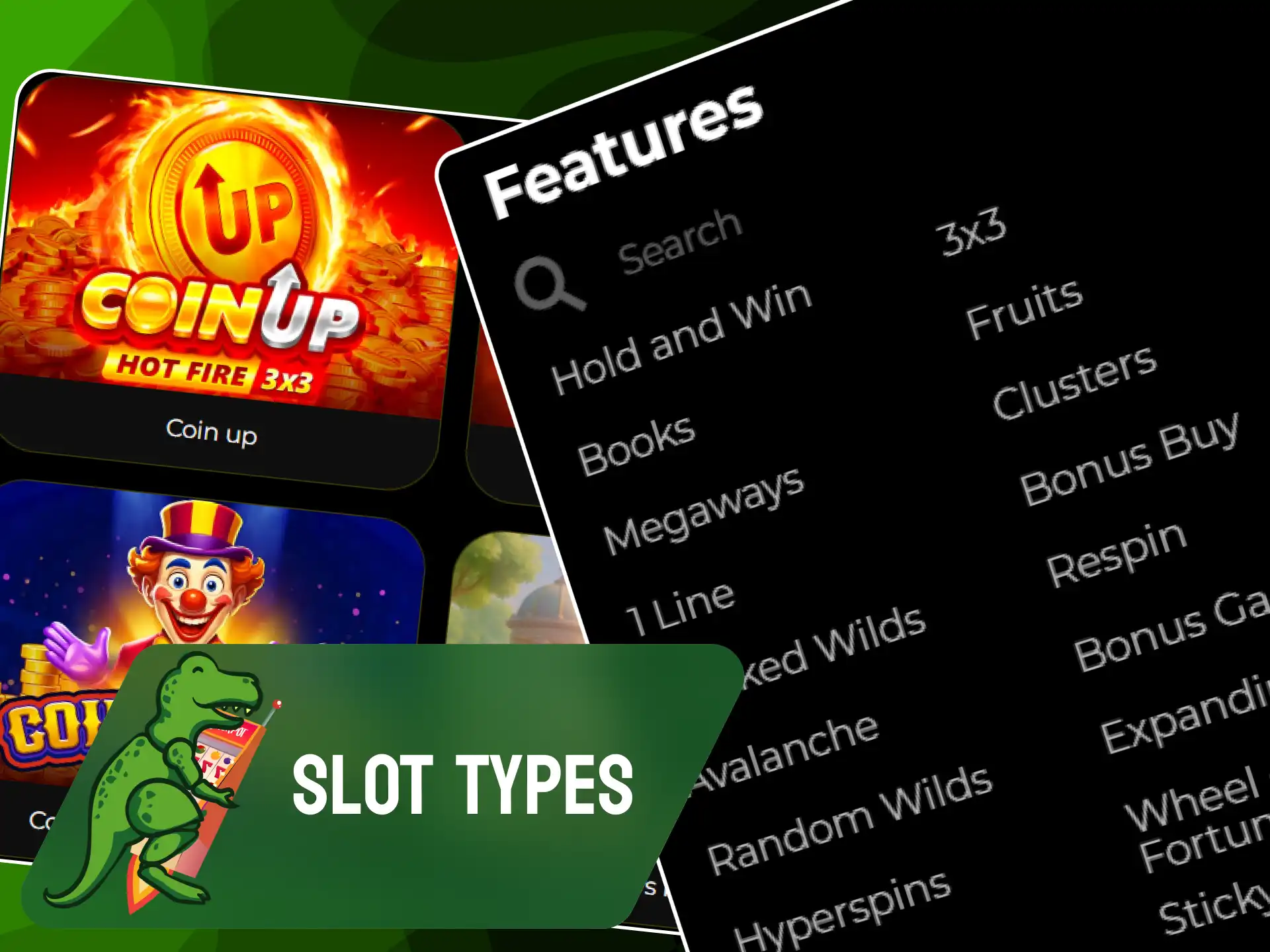Variety of slot machine categories including classic, megaways, and jackpot slots at Raptorwins.